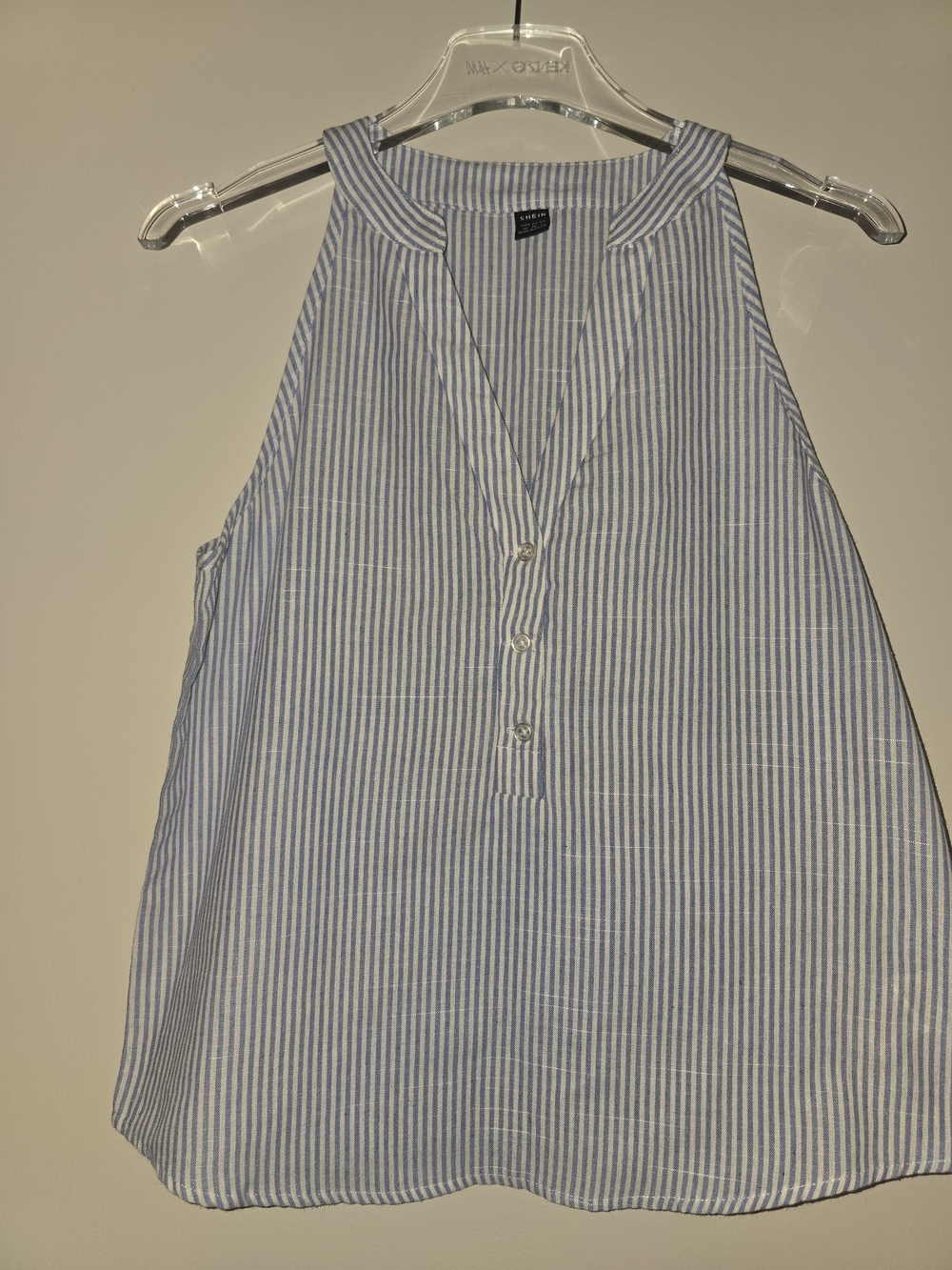 SHEIN Blue and White Striped Sleeveless Henley Tank
